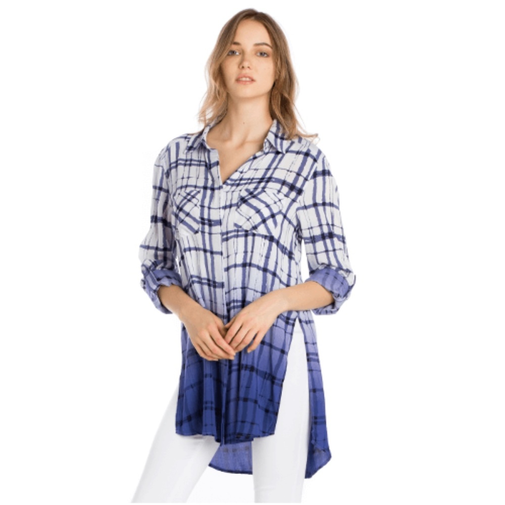 Dip Dye Plaid Tunic Top Roll Tab Sleeves